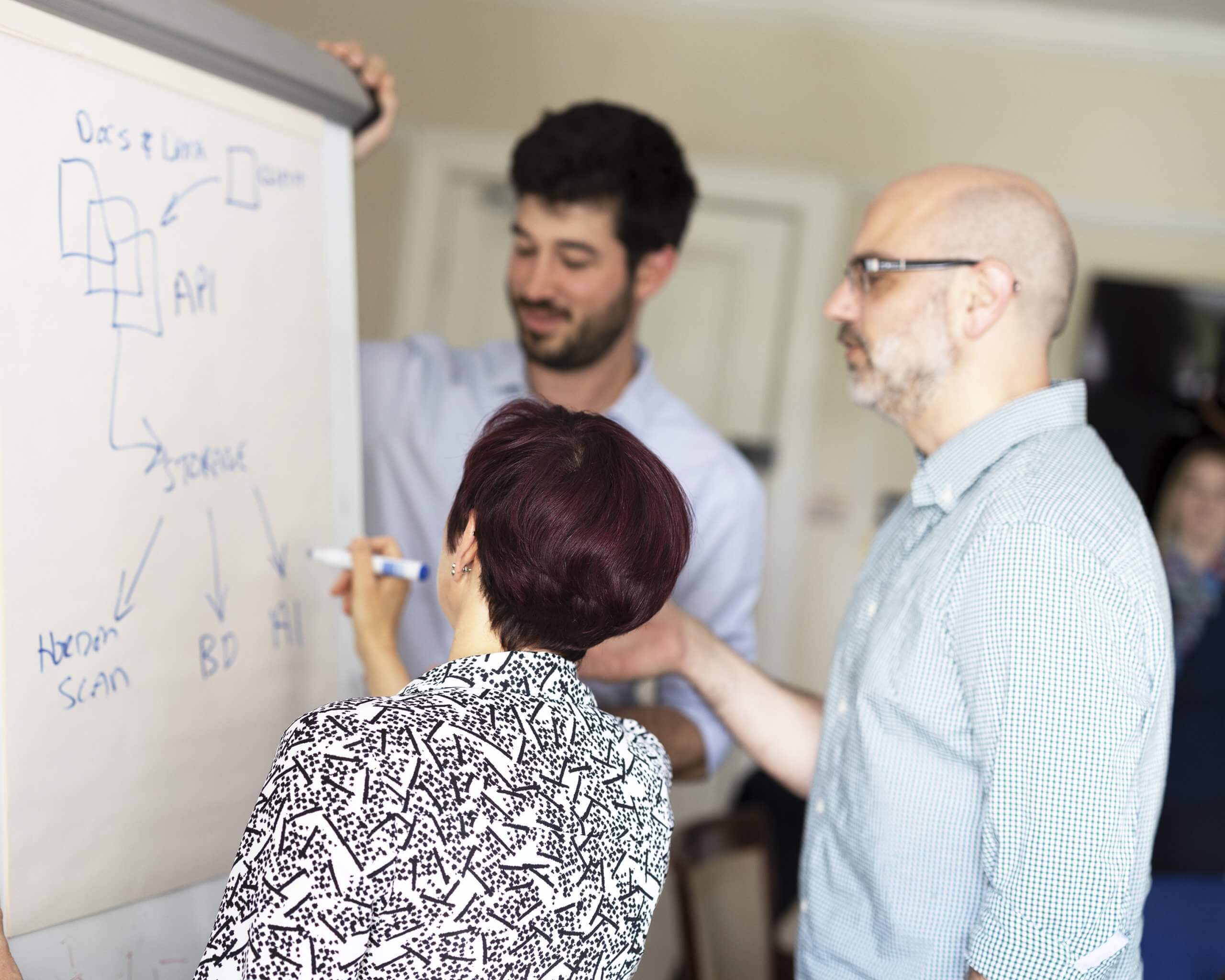 team members mapping processes on a whiteboard