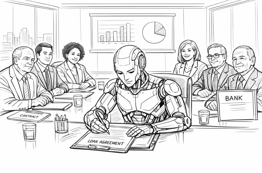 AI created line drawing showing a robot drafting a loan agreement. Representatives of the borrower and lender are waiting to sign.
